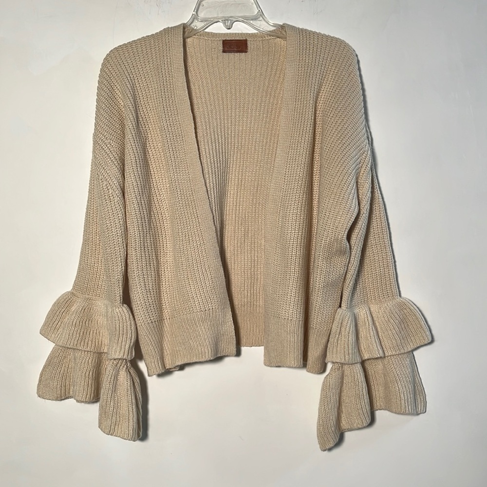 POL ANTHRO Boho/Artsy Double Ruffle Bell SLV Open Front Shaker Knit Cardigan S